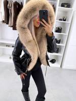 Brūns Parka Ar Regulējamu Jostu Un Greznu Mākslīgās Kažokādas Apdari