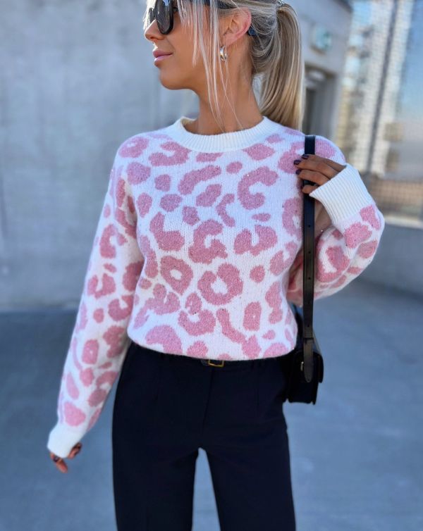 Pink Leopard Print Soft Sweater With Subtle Shine