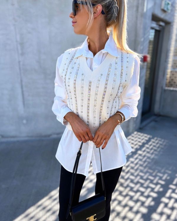 Light Beige Vest-blouse With Pearls And Rhinestones