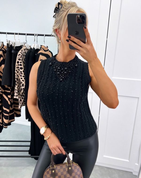 Black Knitted Soft Vest Sweater With Pearls