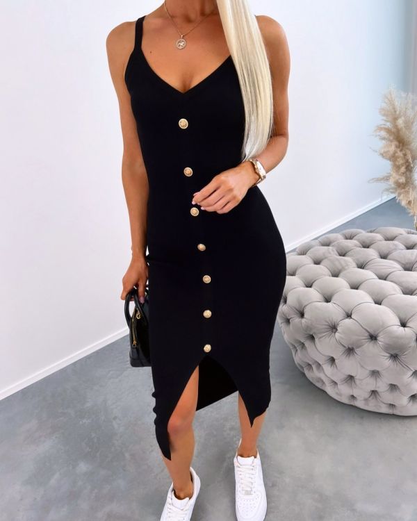 Black Gold-buttoned Casual Dress