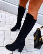 Beige Block-heeled Velvet Boots