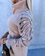 Light Beige High-neck Sweater Dress With Pearls